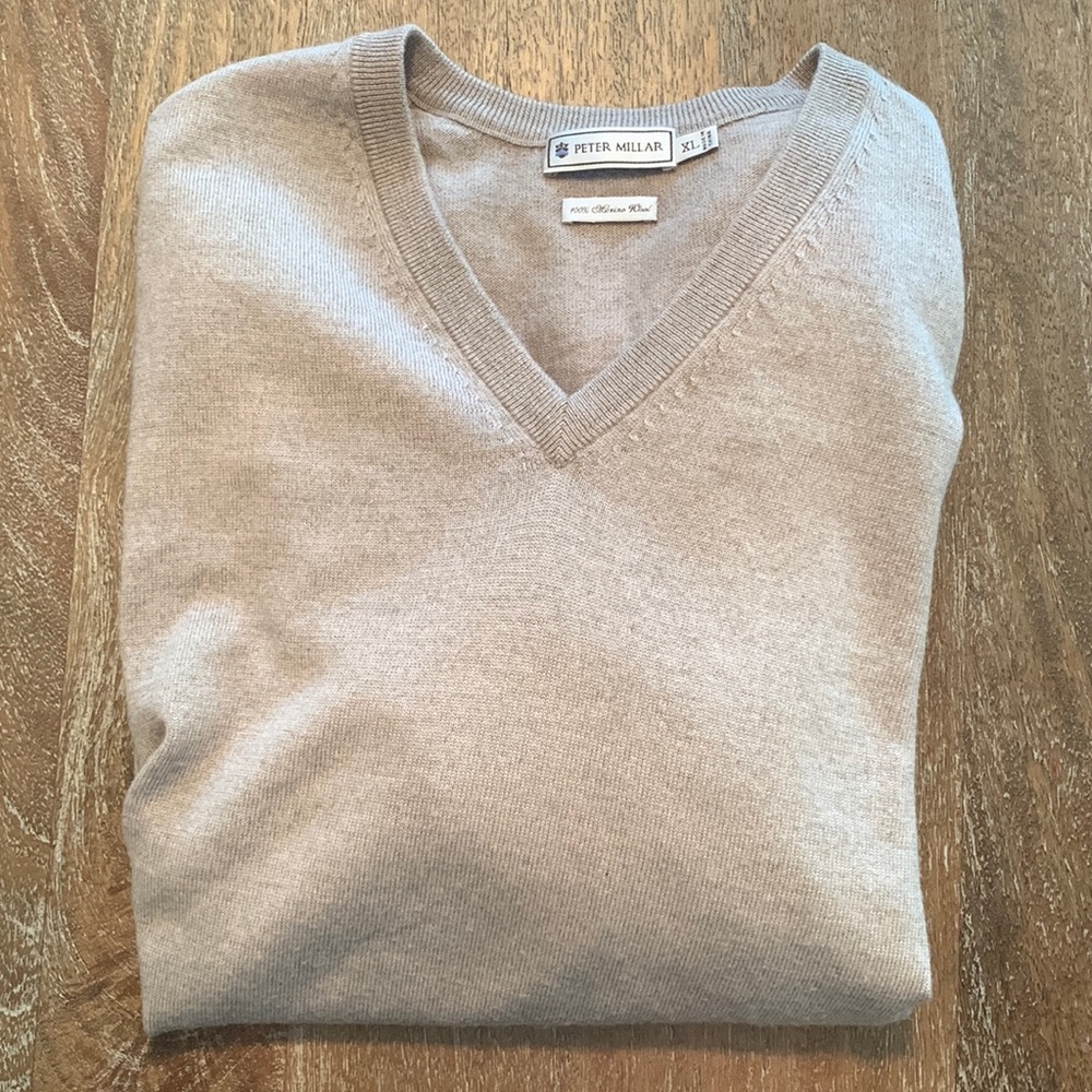 XL Tan/Beige Peter Millar Long Sleeve V-Neck Sweater